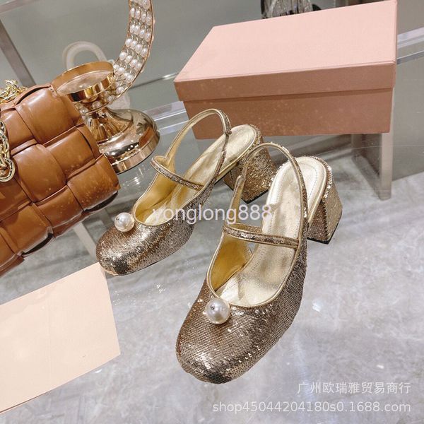 

dress shoes summer mary jane women's shoes round head baotou high heel thick pearl sequin back empty buckle sandals, Black