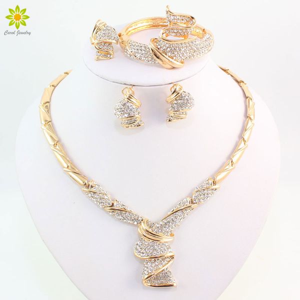 

wholesale fashion gold color alloy rhinestone wedding jewelry sets necklace bracelet ring earrings for women bridal, Black