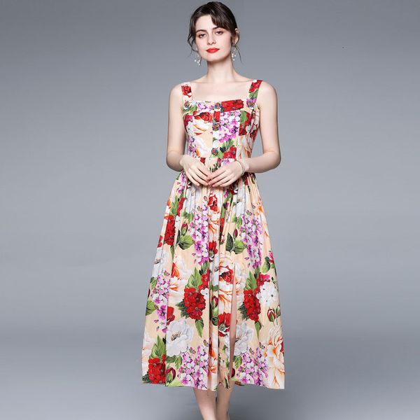 

2021 summer runway fashion women's holiday spandex flower print beads long buttons party dress, Black;gray