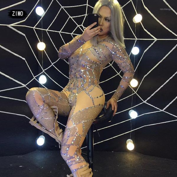 

women's jumpsuits & rompers sparkling rhinestone jumpsuit women long sleeve spandex nightclub bar club party costume singer stage jazz, Black;white