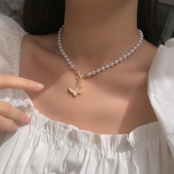 

chokers 2021 fashion kpop pearl choker necklace cute butterfly pendant clavicle chain for women jewelry girl gift, Golden;silver