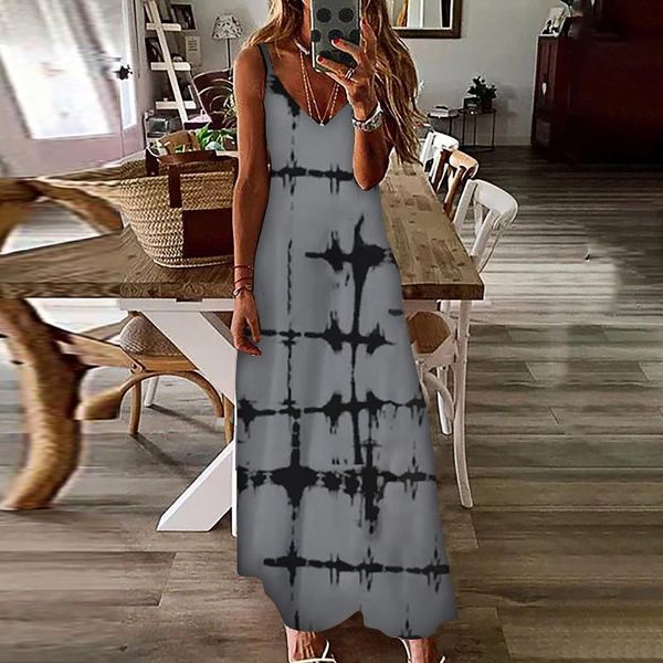 

casual dresses women's summer fashion sleeveless vest v-neck hillsionly plus size printing maxi tank long dress for women 2021 robe fem, Black;gray
