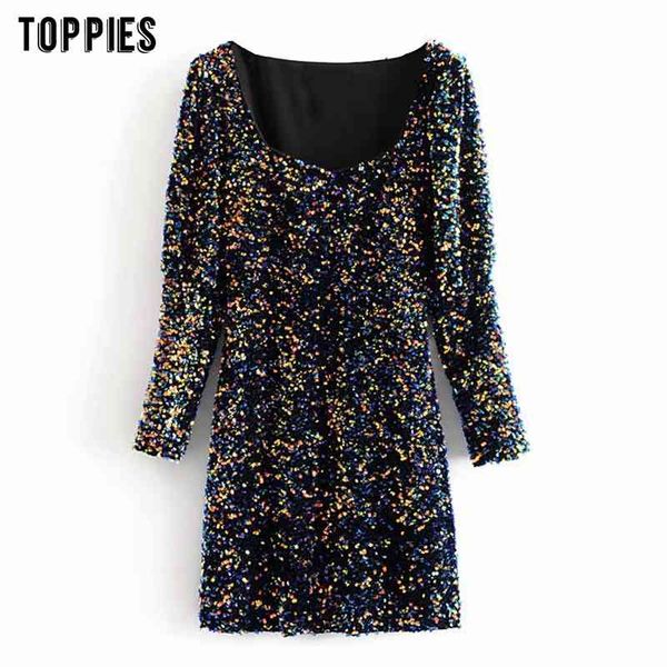 

ies woman party dress sequined slim mini dress square collar long sleeve female vestido fashion clothes 210412, Black;gray