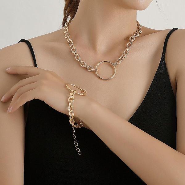

link, chain states jewelry fashion chain, circular geometric ring necklace female joker punk bracelet sets, Black
