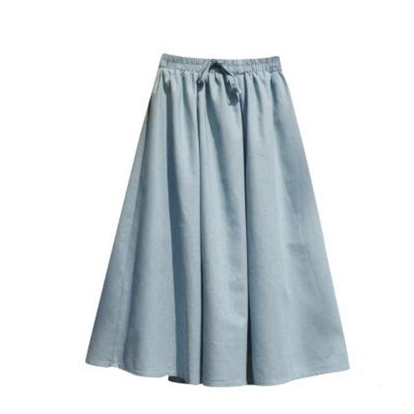 

skirts spring summer women mid-calf skirt elastic waist blue solid casual femme cotton linen elegant vintage pleated j974, Black