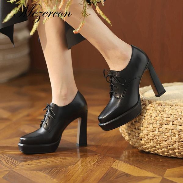 

dress shoes mezereon women pumps high heels lace up oxfords leather thick ladies platform party classics style female pump, Black