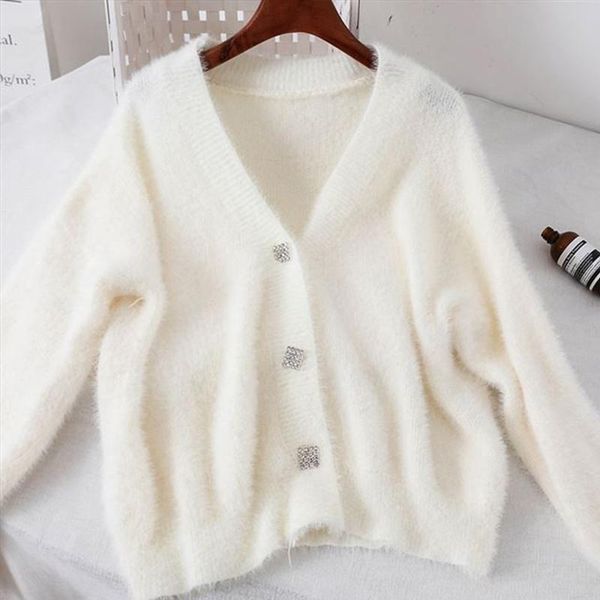 

women's knits & tees trendy spring women knitted sweater casual female v-neck single breasted cardigans loose fit ladies short knitwear, White