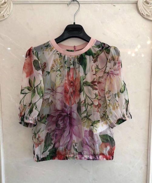 

women's blouses & shirts len brand 2021 summer elegant temperament organza print round neck short sleeve silk shirt women lace blouse, White