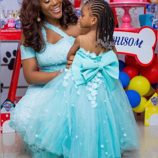 

handmade flowers applique wedding party flower girls' dresses 2022 sheer neck beaded sash bow tulle birthday princess pageant communion, White;blue