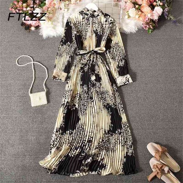 

women vintage pleated dress spring auutmn long sleeve leopard print midi dresses woman with belt bandage robe vestidos 210525, Black;gray