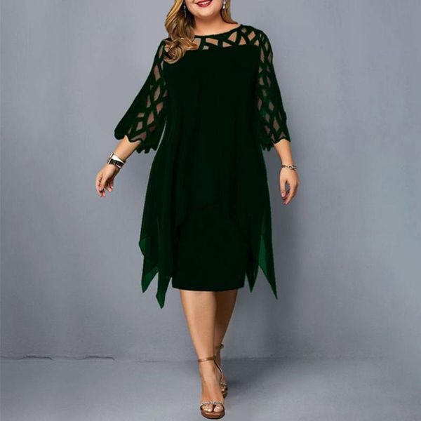 

casual dresses women elegant dress 2021 mesh stitching tight waist 3/4 flare sleeve irregular hem for party, Black;gray