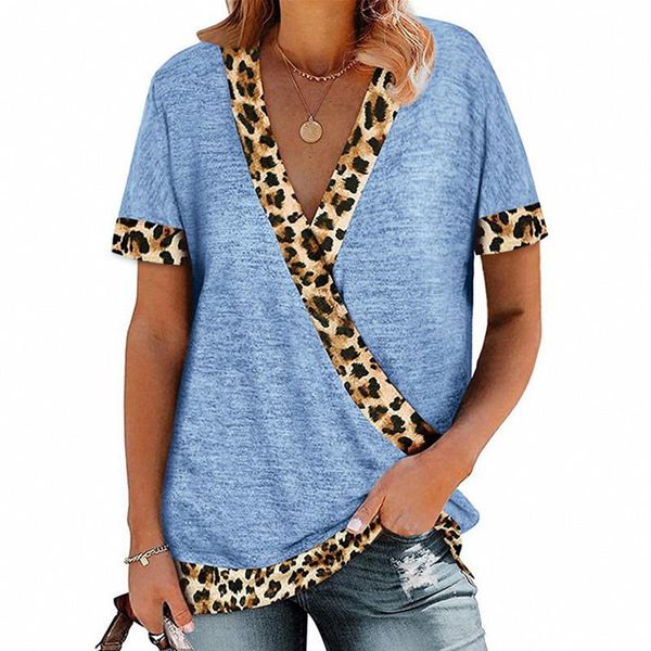 

women's t-shirt leopard print patchwork t-shirts women 2021 summer short sleeve v-neck t shirts casual loose female lady plus size tee, White