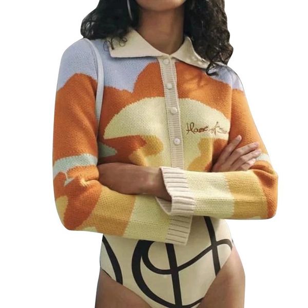 

women's knits & tees vintage french style sunshine print cardigan women turn-down collar loose sweaters yellow green retro cardigans fe, White