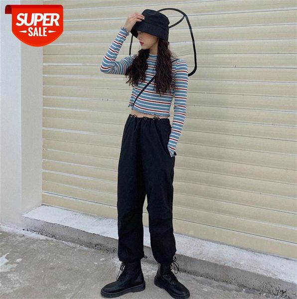 

striped t-shirt + overalls women's black high-waisted thin trousers and #489f