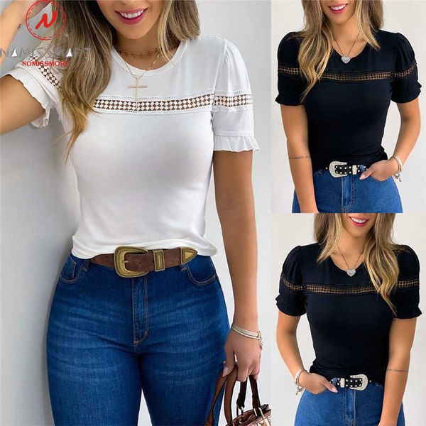 

fashion women summer t-shirts hollow out design o-neck ruffles sleeve solid color slim casual pullovers x0527, White