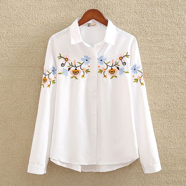 

long sleeve floral embroidered white elegant turn-down collar office women casual blouse spring new top