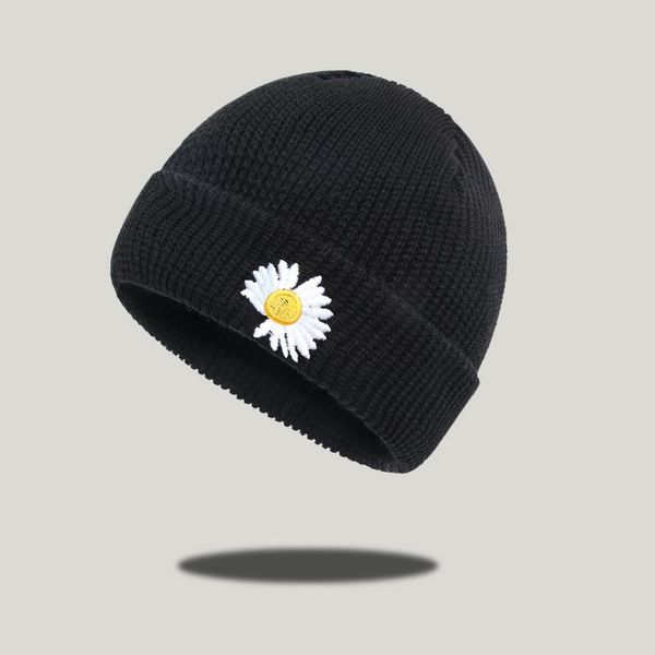 

berets fashion cotton hats for men women dome beanies winter hat knitted woolen small daisy embroidery melon leather hip hop caps, Blue;gray