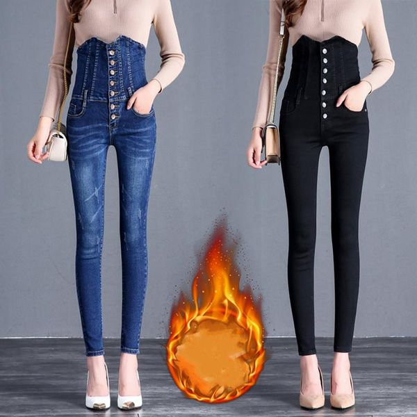 

winter thick plus velvet women's casual black blue skinny jeans fashion fleece warm high waist stretch mom pencil denim pants