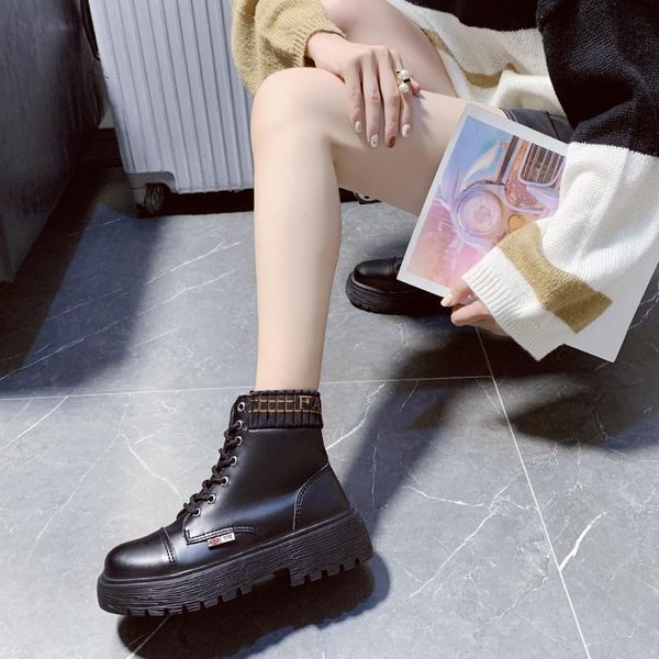 

boots 2021 ly black women motorcycle fashion platform casual shoes ankle high heels 5cm lace-up female footwear a79