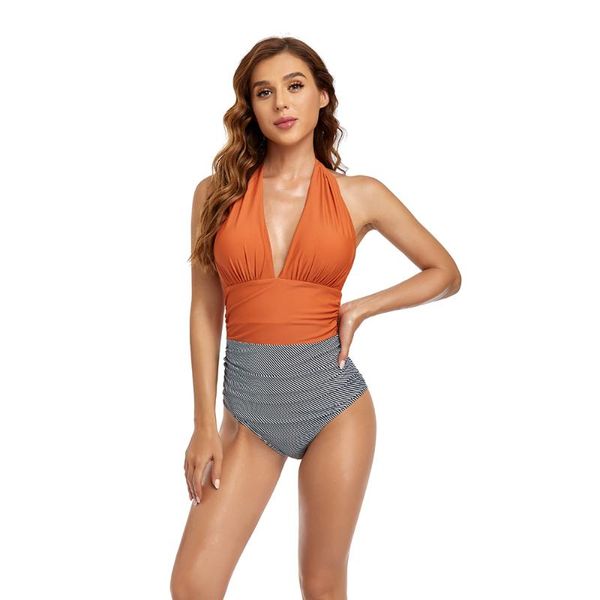 

one-piece suits women summer swimwear 2021 halter swimsuit vintage slimming bathing backless beachwear monokini s-2xl