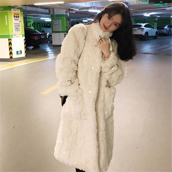 

women's fur & faux parka women shaggy coats thick winter outwear warm stand collar long jacket female big pocket sleeve overcoat, Black