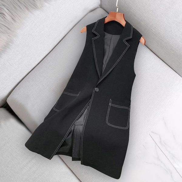 

women's vests [ewq] spring autumn vest 2021 suit stitching medium long waistcoat korean thin clear line fashion jacket female 16e4257, Black;white