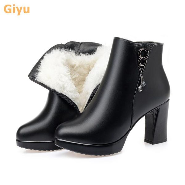 

boots 2021 black women's genuine leather fashion high heel warm wool booties ankle boots35-40 chunky cotton shoes