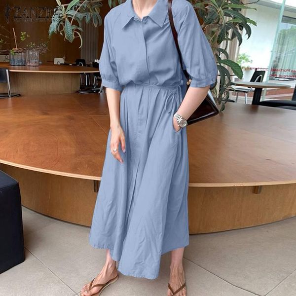 

casual dresses kaftan long shirt dress elegant lapel button baggy maxi sundress women stylish solid robe ladies lace up vestidos femme, Black;gray