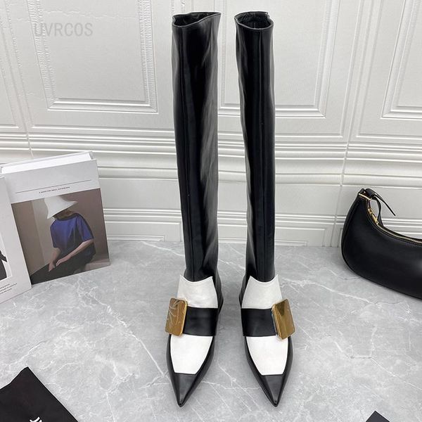 

boots pointed toe brand over knee high women fashion metal buckle thick heels thigh leather autumn winter boot, Black