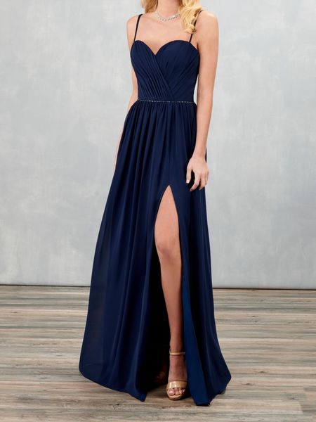 

navy blue bridesmaid dresses chiffon spaghetti beaded waist side split long wedding party dress, White;pink
