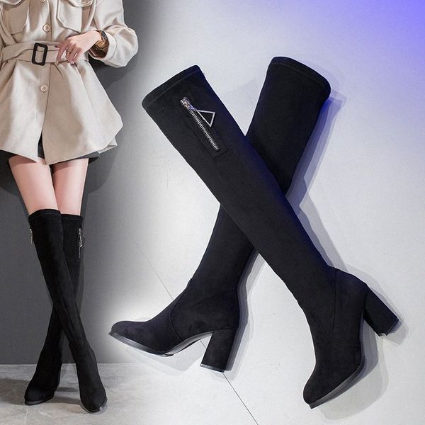 

plus size 35 51 nice new over the knee boots women autumn flock triangle zipper shoes woman high heels ladies fashion boot leather boots lad, Black