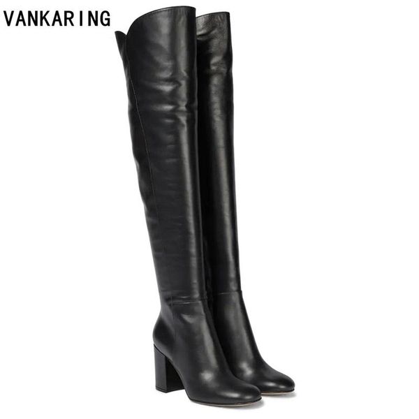 

boots simple fashion brand over the knee high women quality soft leather autumn winter chunky heels black knight