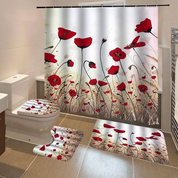 

shower curtains 4 pcs ink painting curtain bathroom rug set bath mat flower waterproof polyester fabric