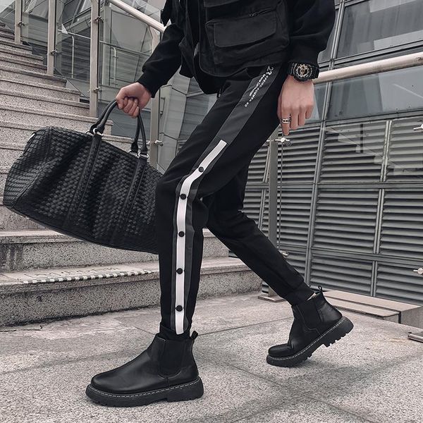 

korean spring summer men casual harem pants hip hop simple side button decor slim fit streetwear joggers trousers black 34 men's