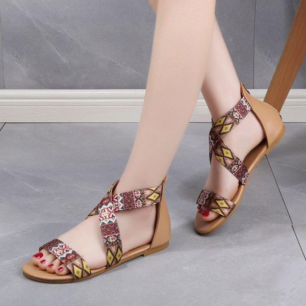 

sandals flat women's sandals, 2021 summer national style casual beach shoes, roman, Black