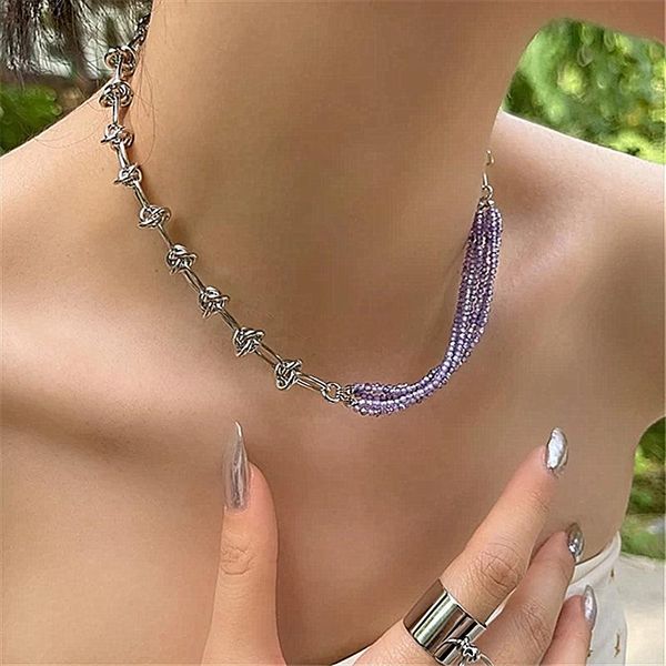 

chains sparkling fairy purple crystal clavicle chain niche texture thorns knot stitching design necklace men and women fashion jewelry, Silver