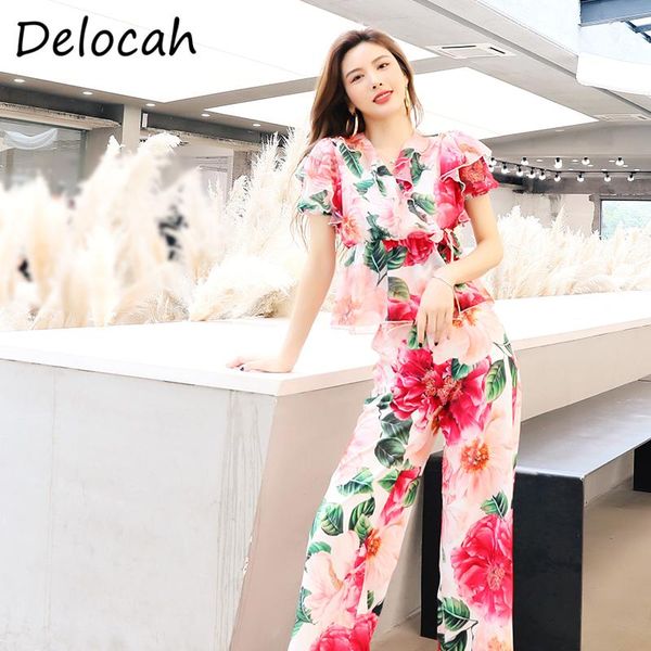 

delocah 2021 summer women fashion runway pants set ruffles chiffon + high waist printed long pants 2 two pieces suits women's two piec, White