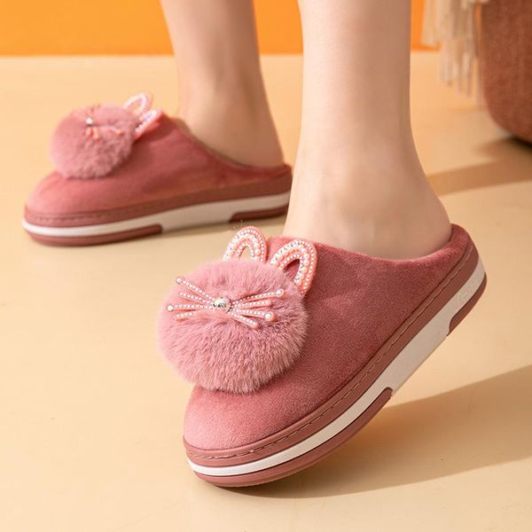 

slippers 2021 cute cartoon cat fur winter warm women non-slip indoor flat couple home soft plush shoes fluffy furry slides, Black