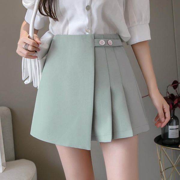 

spring summer green shorts female pleated short skirt women irregular slit wide leg ladies casual trousers women's, White;black