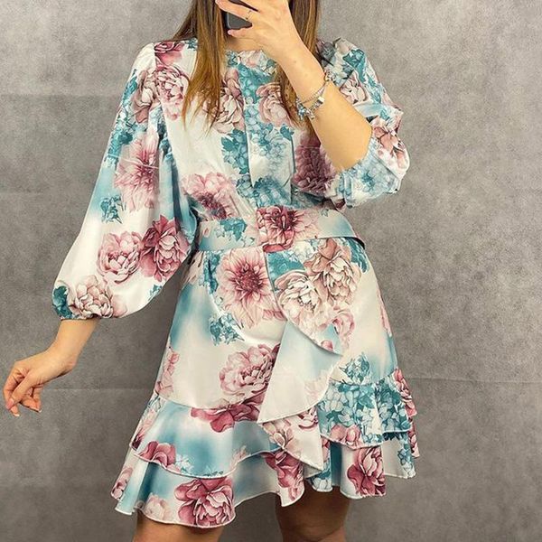 

casual dresses agong three quarter printed women fashion o neck ruffles dress elegant tie belt buttons female ladies, Black;gray
