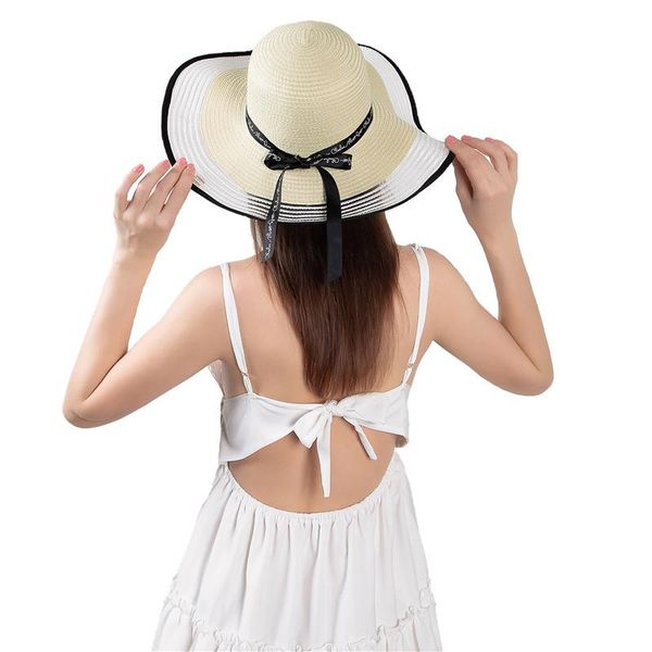 

jovivi ladies vacation straw hat summer wide brim sun protection floppy foldable roll up beach hats women bowknot uv cap, Blue;gray