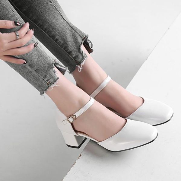 

dress shoes pxelena korean concise block med heels sandals office lady square toe shallow ankle strap women black white pink