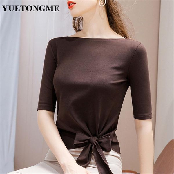 

women's t-shirt mid-sleeve women 2021 five-point sleeve hem bow tie strap one-shoulder t028, White