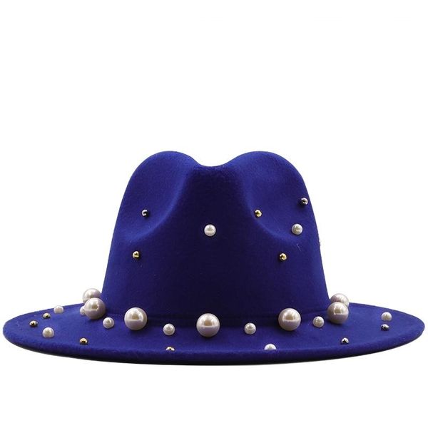 

berets women men wool fedora hat with big pearl gentleman elegant lady winter autumn wide brim panama sombrero jazz cap, Blue;gray