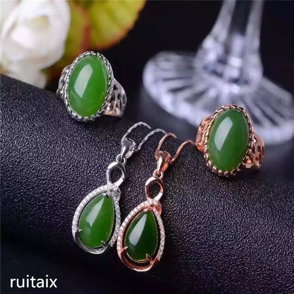 

boutique jewels 925 sterling silver inlays natural hetian jasper ring + necklace pendant earrings set jewelry hollow bracelet, &, Black