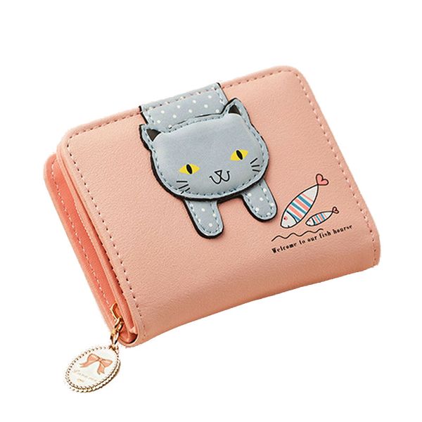 

female short cute zipper cartoon cat wallet student print pu two-fold ladies coin purse wallet clutch, Red;black