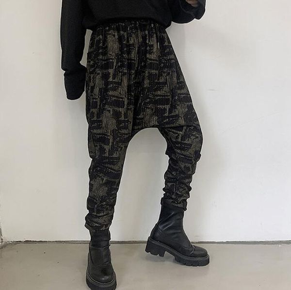 

personality black harem pants mens trousers printed low crotch cross big men's loose feet for men b427