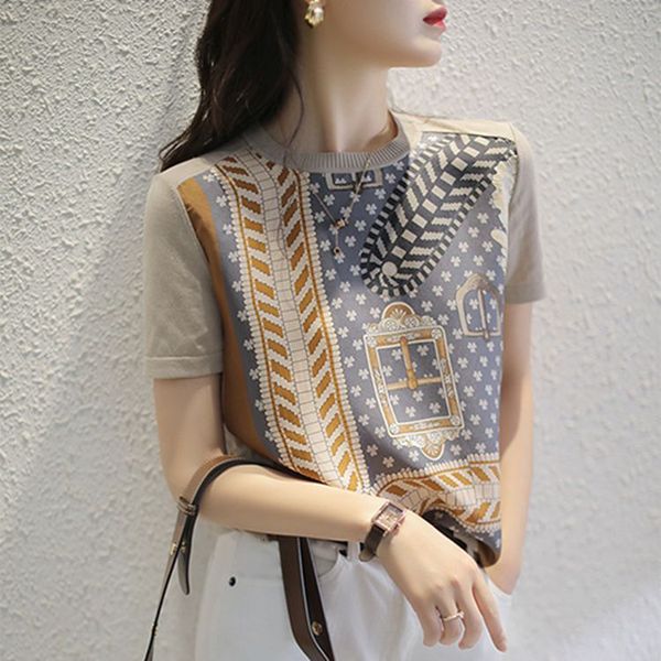 

t shirt temperament printed chiffon stitched knitted women's spring and summer round neck short sleeve loose versatile bottoming top, White