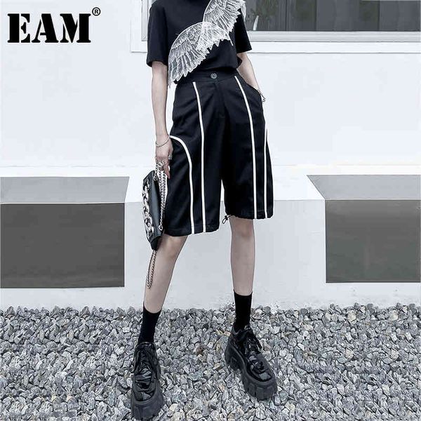 

[eam] high waist black spliced strap irregular knee length trousers loose fit pants women fashion spring summer 1dd7549 21512, Black;white