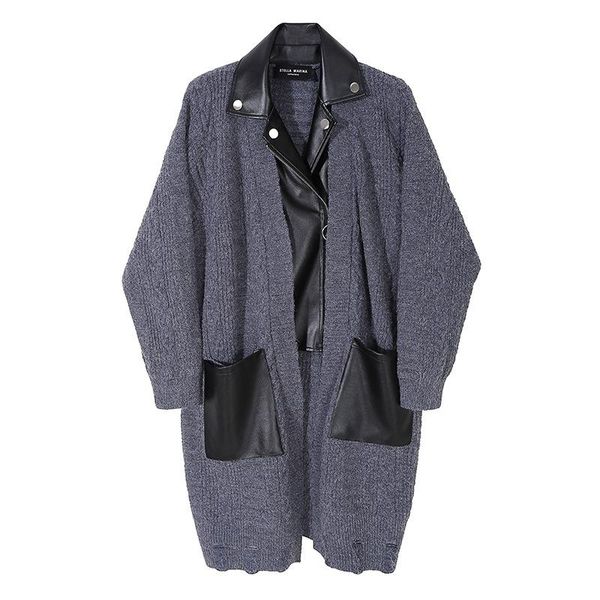 

autumn winter korea dress for women knitted jacket spliced pu pocket ladies mid-length sweater bodycon casual dresses, Black;gray